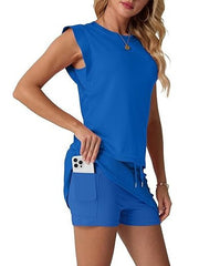 ⏰Hot Sale-Women's Summer 2 Piece Skort Set Cap Sleeve Round Neck Top