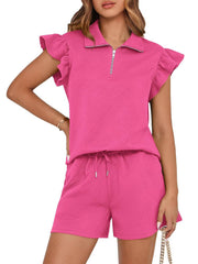 ✨2025 New Women's Zipper V Neck Casual Ruffle Short Sleeve Tops and Drawstring Shorts 2 Piece Outfits