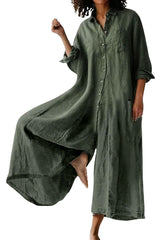 ⏰Hot Sale-Women's Linen Button Down Long Sleeve Wide Leg Jumpsuit