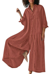 ⏰Hot Sale-Women's Linen Button Down Long Sleeve Wide Leg Jumpsuit