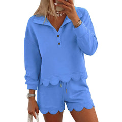 Women Scalloped Hem Half Button Polo Long Sleeve Top & Drawstring Shorts Two Piece Set