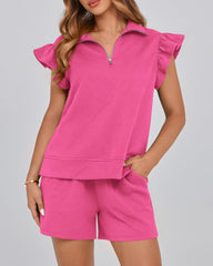 ✨2025 New Women's Zipper V Neck Casual Ruffle Short Sleeve Tops and Drawstring Shorts 2 Piece Outfits