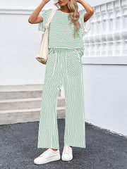 Limited time sale🔥Womens Striped 2 Piece Sets Short Sleeve T Shirts Wide Leg Pants with Pockets