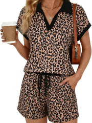 ⏰Hot Sale-Women Cap Sleeve V Neck Lapel Tops and Drawstring Shorts 2 Piece Sets