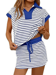Women Color Block Collar V Neck Striped Short Sleeve Top & Drawstring High Waist Mini Skirt Summer Two Piece Set