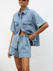 WOMEN'S WASH DENIM SHIRT & SHORTS TWO-PIECE SET