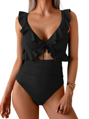Women Tummy Control Ruffle Bathing Suit V Neck Ruched Swim Suit