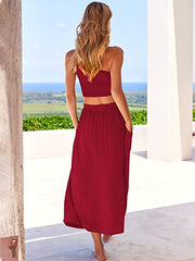 2 Pieces Outfits One Shoulder High Waist Long Skirt Dress Set with Pockets