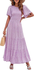 Women's Casual Floral Print Short Flutter Sleeve Smocked High Waist Flowy Maxi Dress