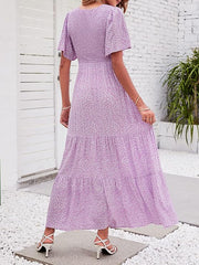 Women's Casual Floral Print Short Flutter Sleeve Smocked High Waist Flowy Maxi Dress