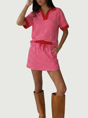 Women's Striped V-Neck Polo Top & Built-in Short Skort 2 Piece Lounge Set