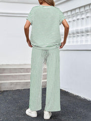 Womens Striped 2 Piece Sets Short Sleeve T Shirts Wide Leg Pants with Pockets