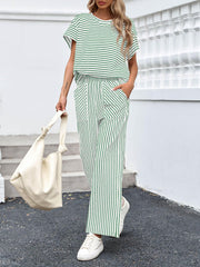 Womens Striped 2 Piece Sets Short Sleeve T Shirts Wide Leg Pants with Pockets